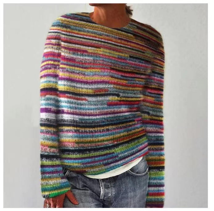 Woman wearing vintage style knit sweater with loose fit