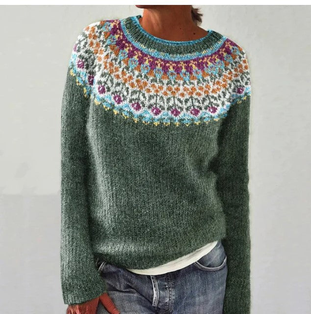 Woman wearing vintage style knit sweater with loose fit