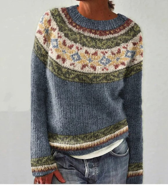 Woman wearing vintage style knit sweater with loose fit