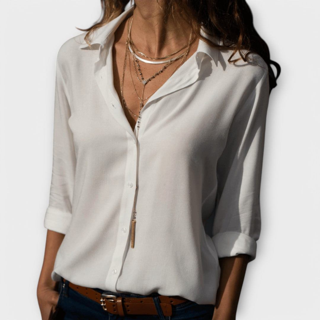 Isla | Women's Blouse Button Front Roll Sleeve Point Collar Relaxed Fit Everyday Casual Top