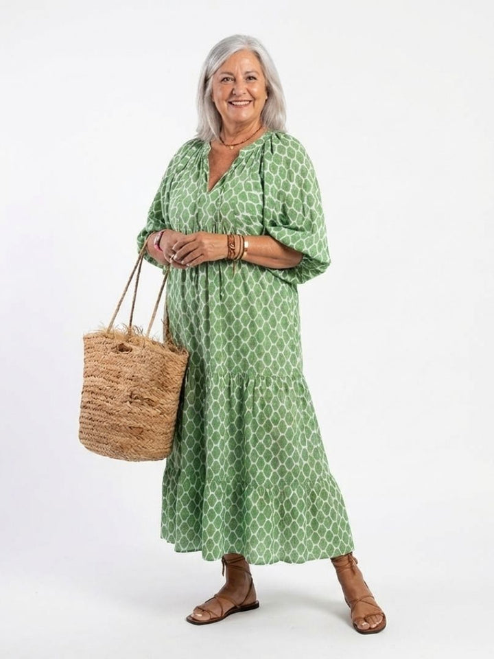 Una | Printed Tiered Three-Quarter Midi Dress