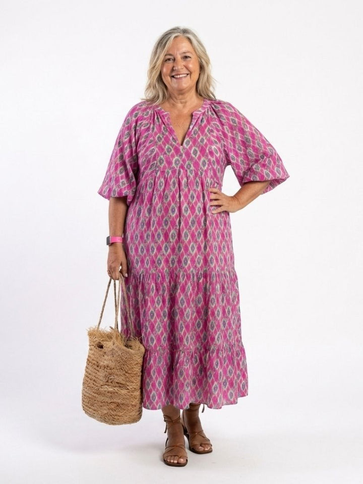 Una | Printed Tiered Three-Quarter Midi Dress