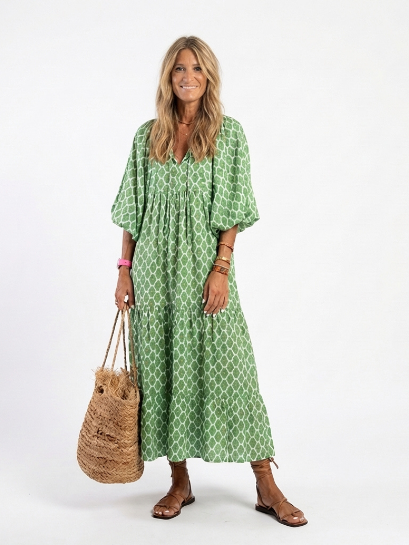 Una | Printed Tiered Three-Quarter Midi Dress