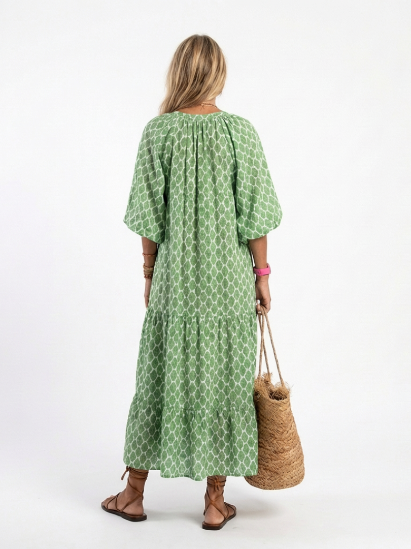 Una | Printed Tiered Three-Quarter Midi Dress