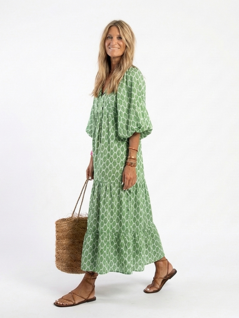 Una | Printed Tiered Three-Quarter Midi Dress
