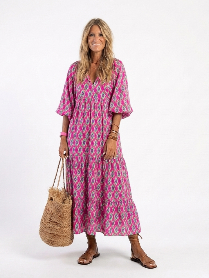Una | Printed Tiered Three-Quarter Midi Dress