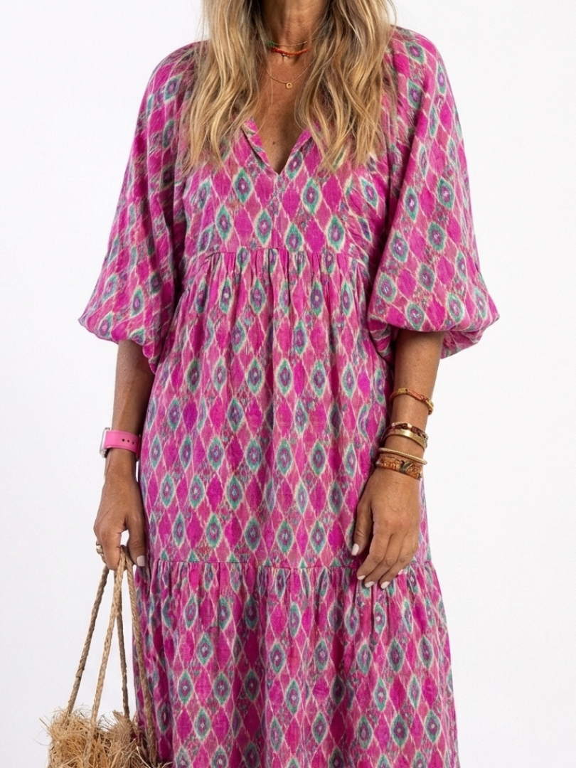 Una | Printed Tiered Three-Quarter Midi Dress