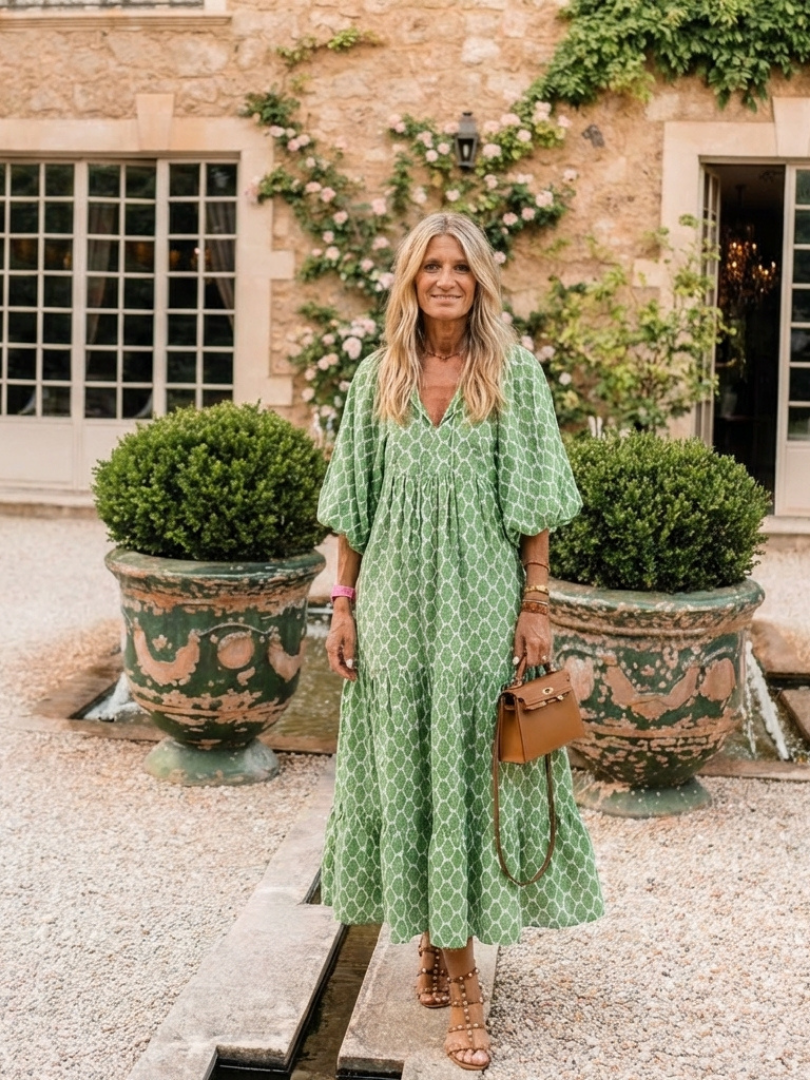 Una | Printed Tiered Three-Quarter Midi Dress