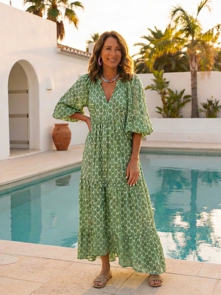 Una | Printed Tiered Three-Quarter Midi Dress