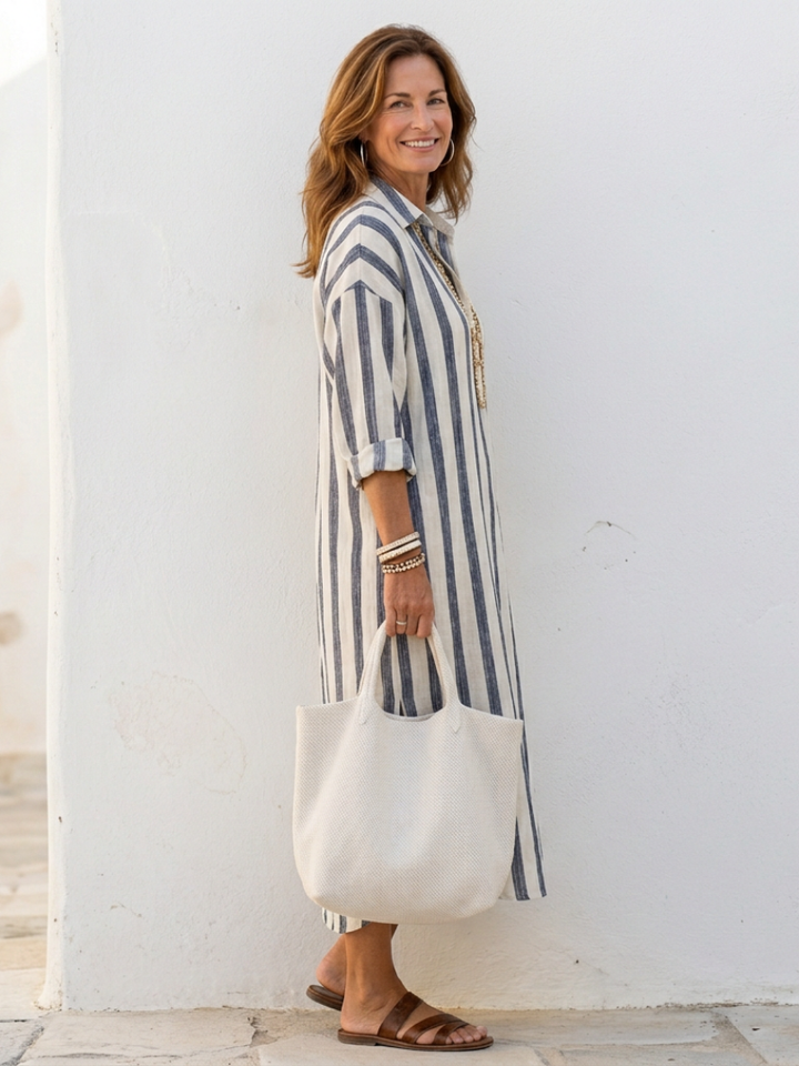 Jolie | Striped Button-Front Long-Sleeve Midi Dress