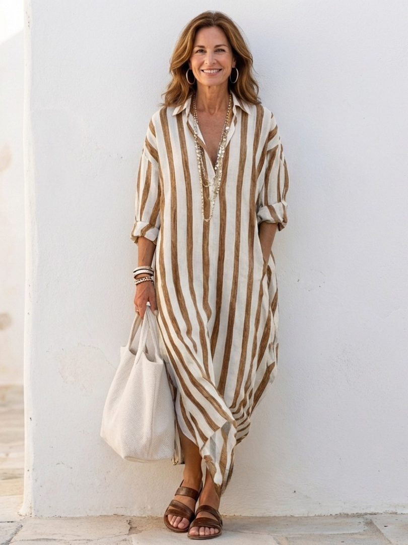 Jolie | Striped Button-Front Long-Sleeve Midi Dress