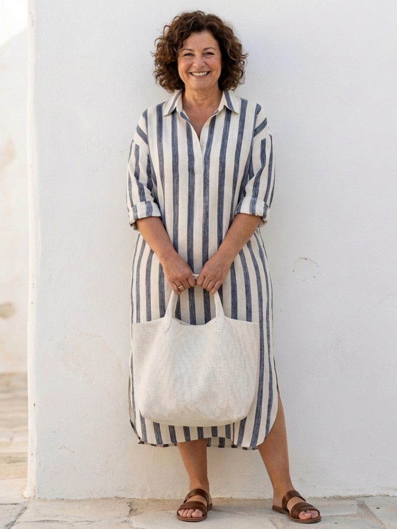 Jolie | Striped Button-Front Long-Sleeve Midi Dress