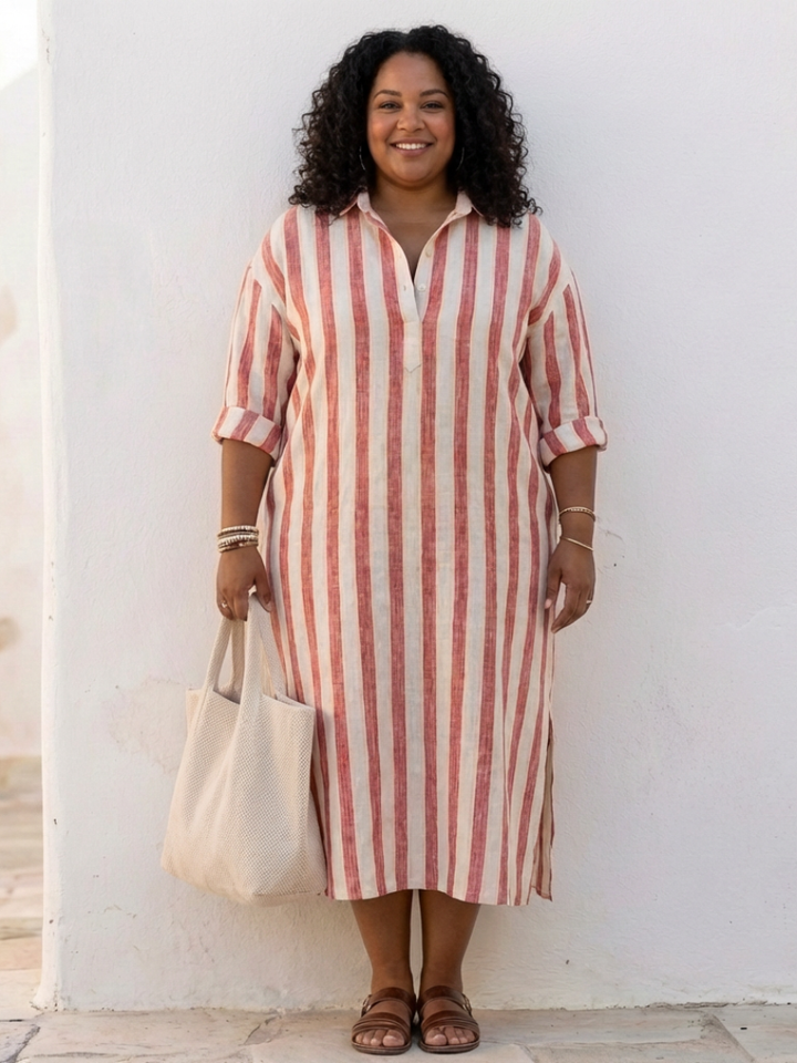 Jolie | Striped Button-Front Long-Sleeve Midi Dress
