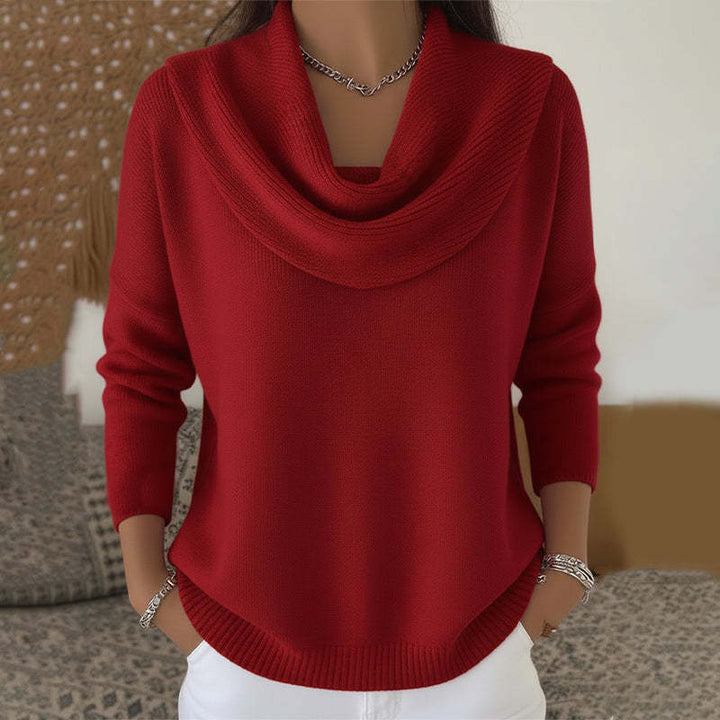 Woman wearing relaxed cowl neck knit sweater
