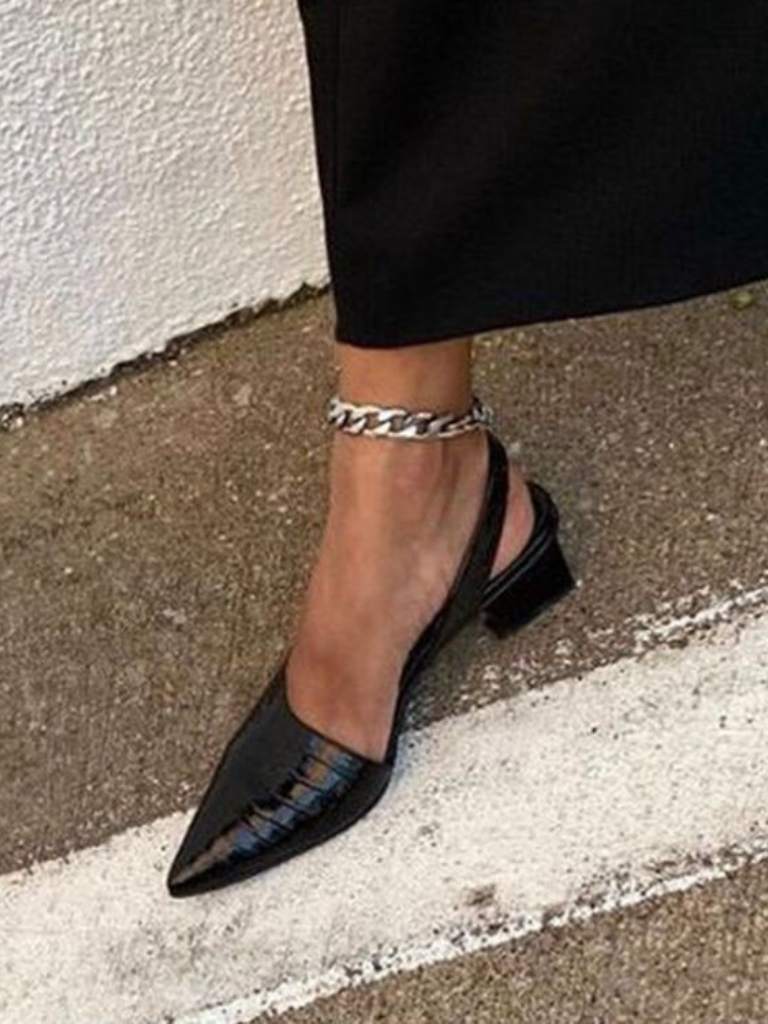 Croc-effect slingback block heels, front view