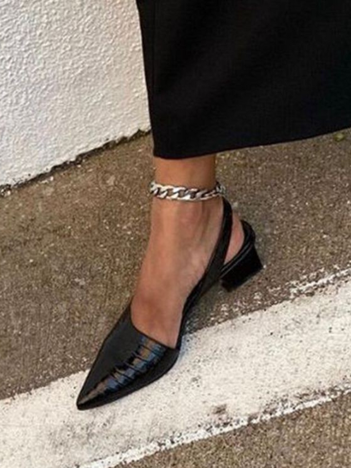 Croc-effect slingback block heels, front view