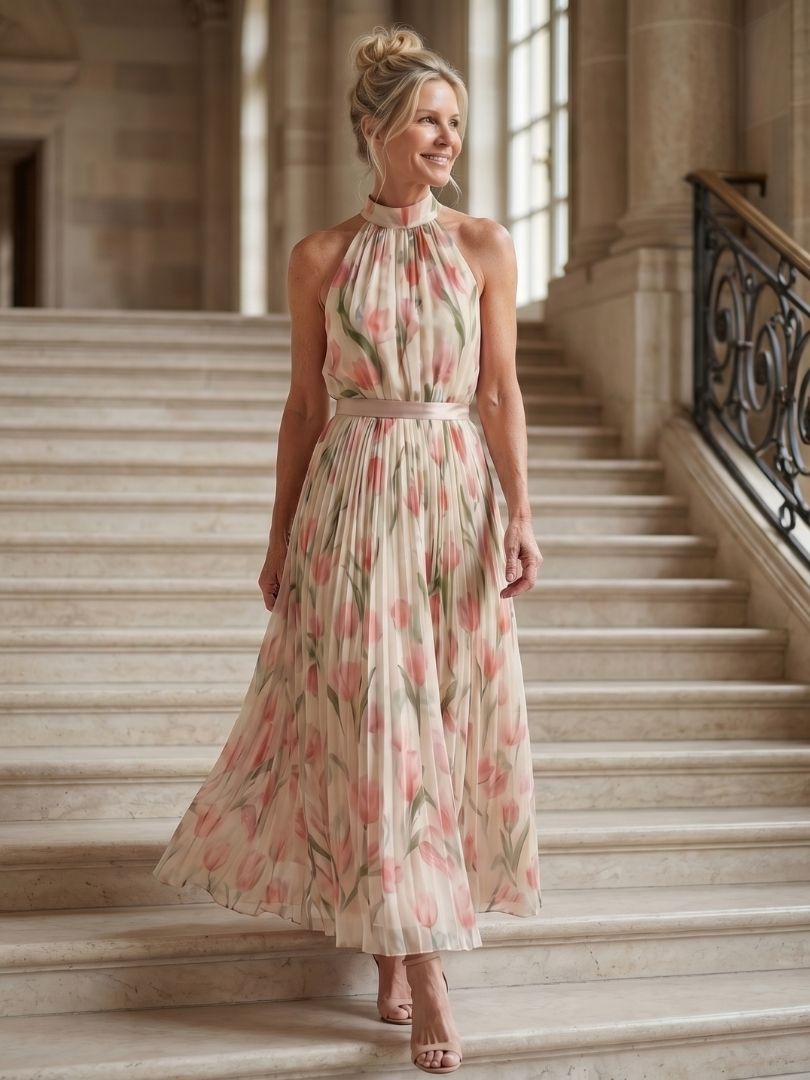 Vera | Floral Belted Halter Midi Dress