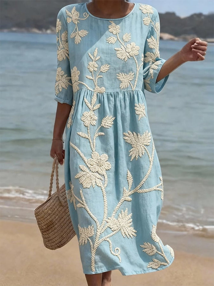 Oona | Floral Embroidered Three-Quarter Midi Dress