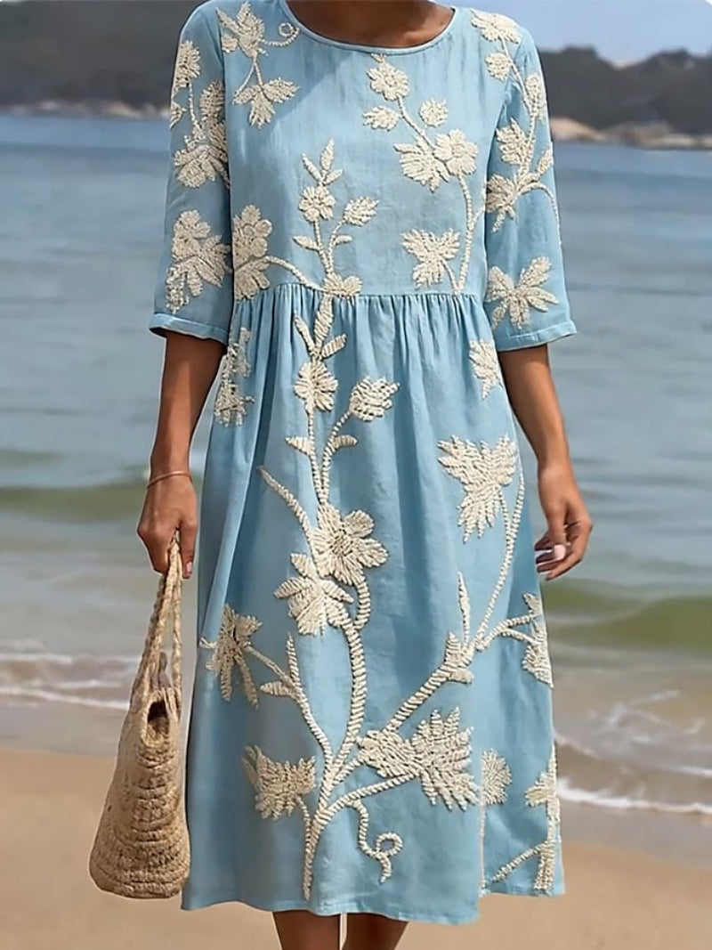 Oona | Floral Embroidered Three-Quarter Midi Dress