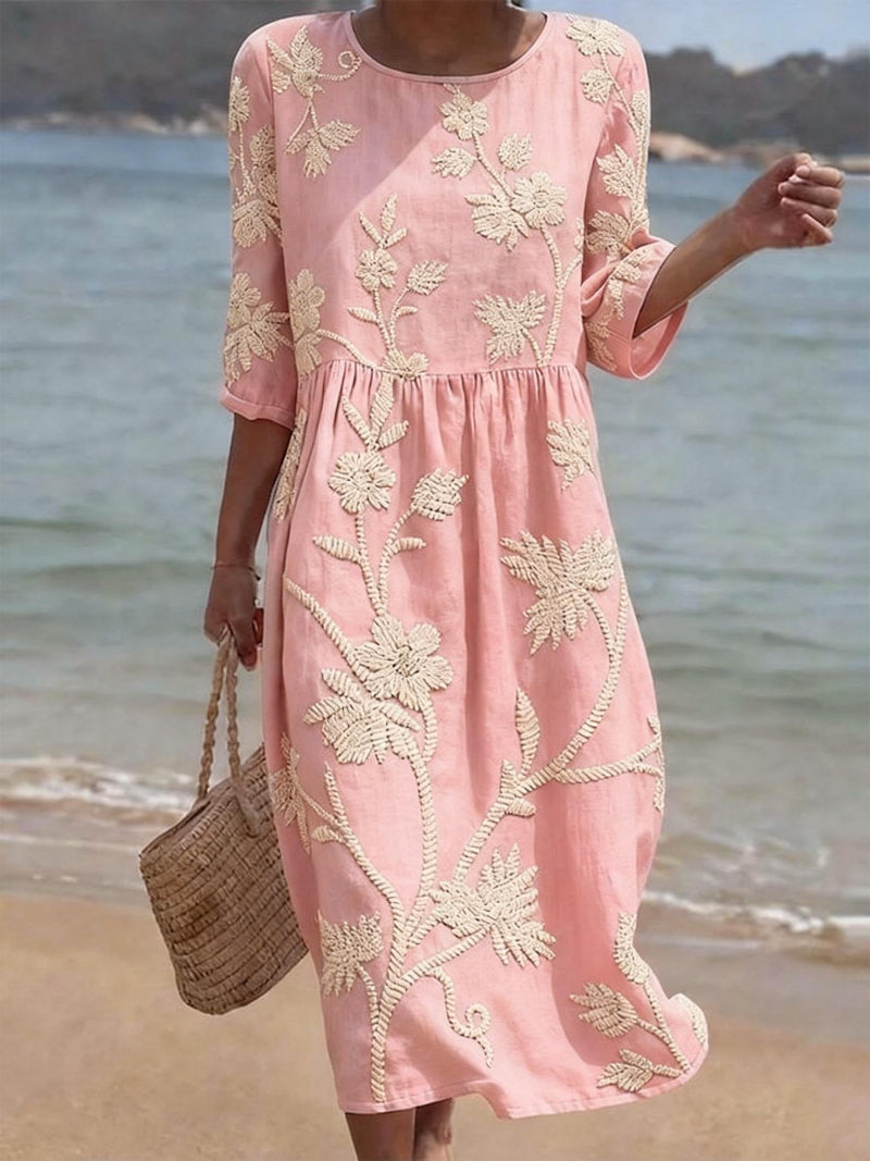 Oona | Floral Embroidered Three-Quarter Midi Dress