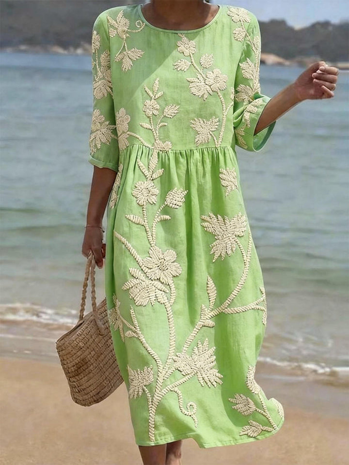Oona | Floral Embroidered Three-Quarter Midi Dress