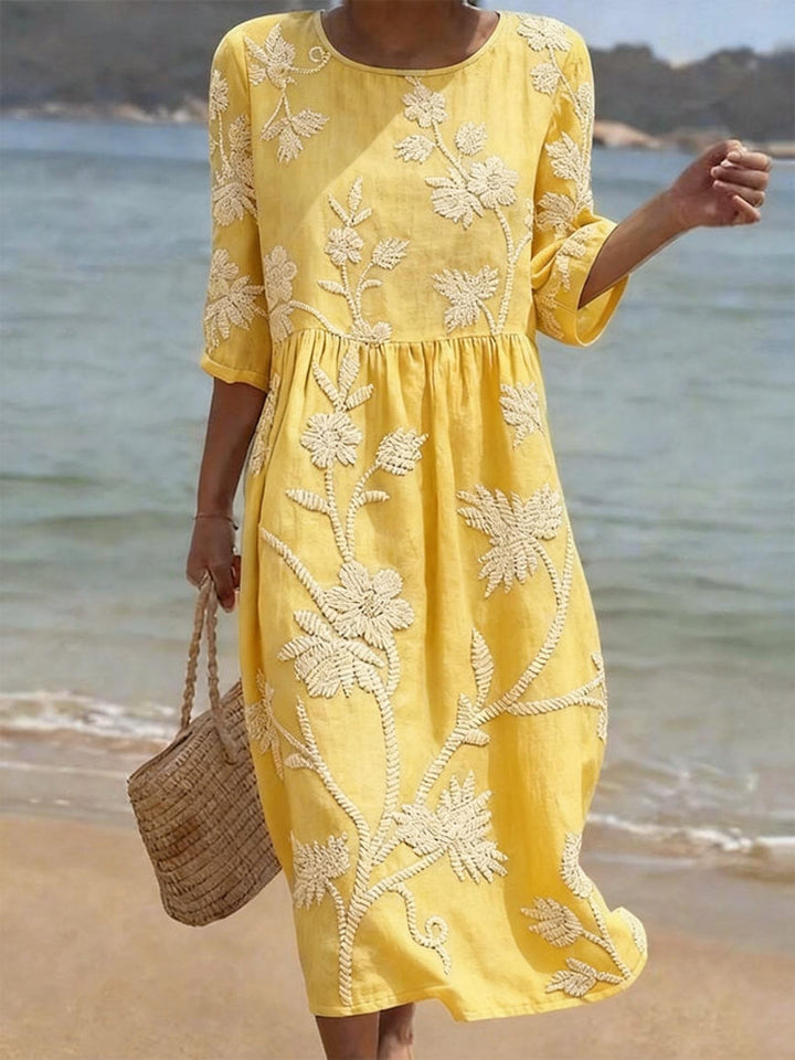 Oona | Floral Embroidered Three-Quarter Midi Dress