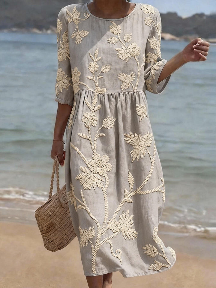 Oona | Floral Embroidered Three-Quarter Midi Dress