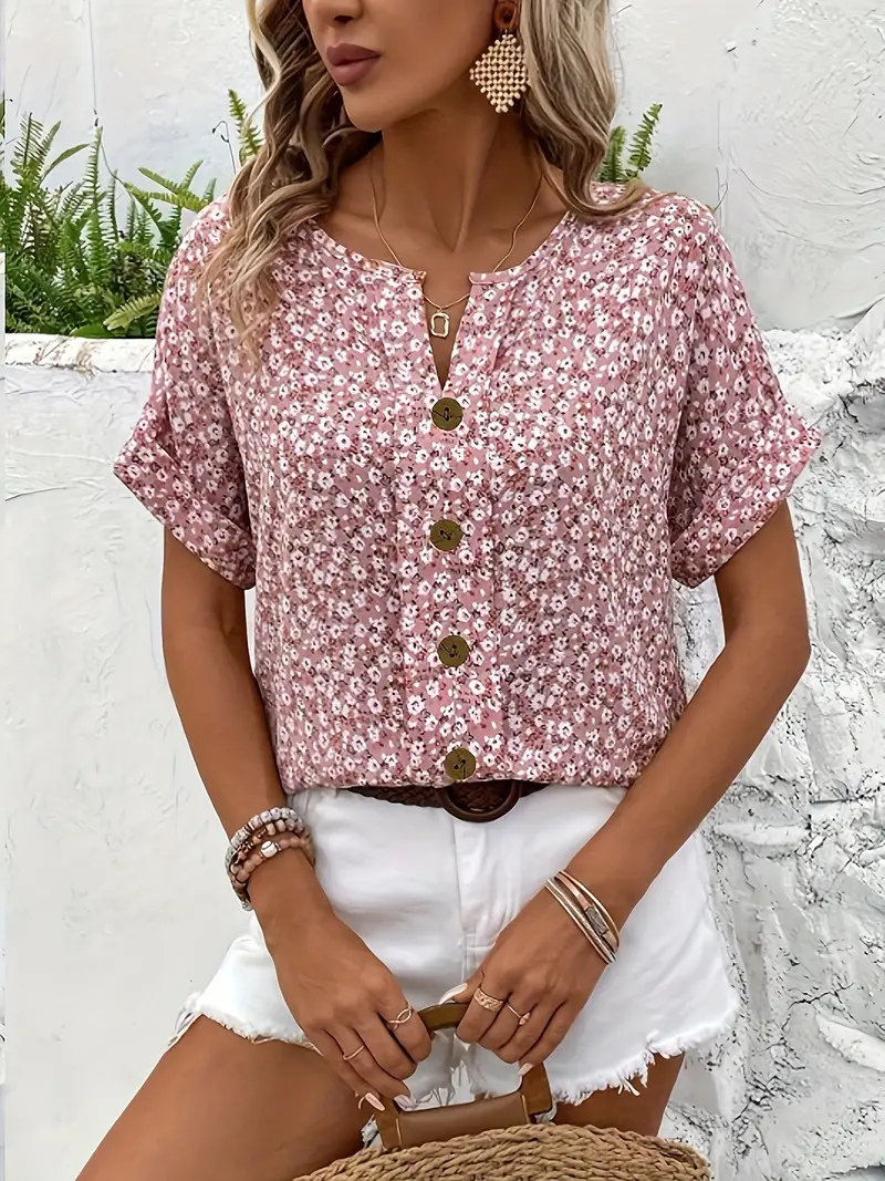 Saskia | Floral Button-Front Short-Sleeve Blouse
