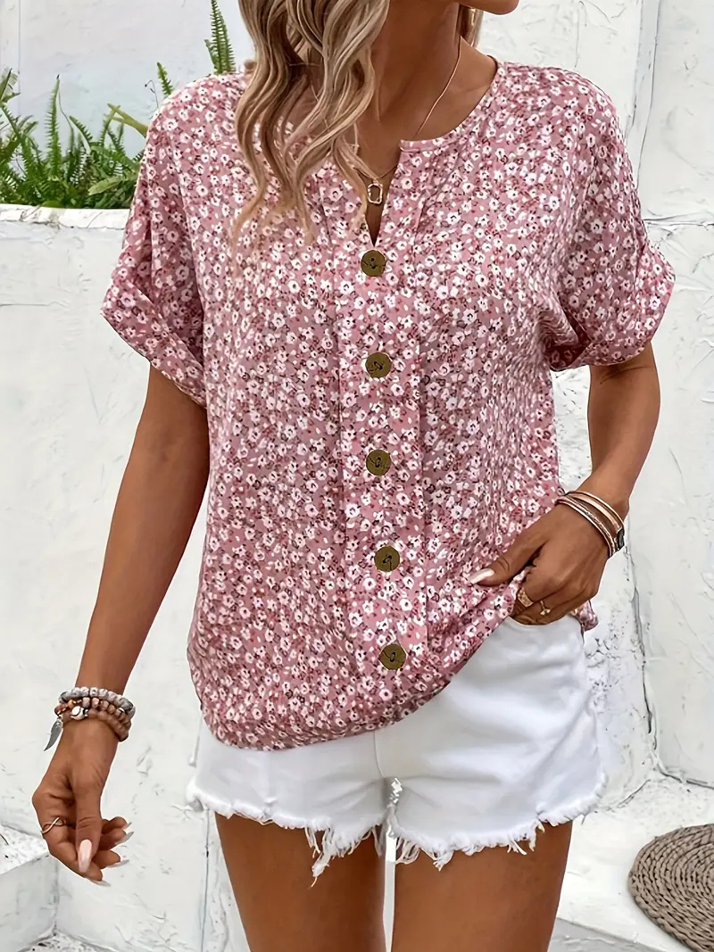 Saskia | Floral Button-Front Short-Sleeve Blouse