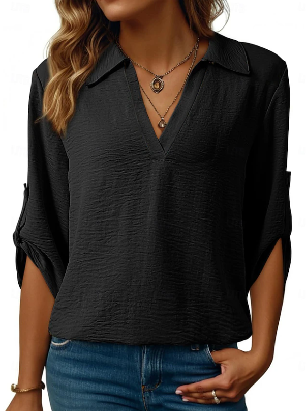 Sandra | Women's Blouse Collared V-Neck Roll Tab Sleeve Relaxed Fit Everyday Casual Top
