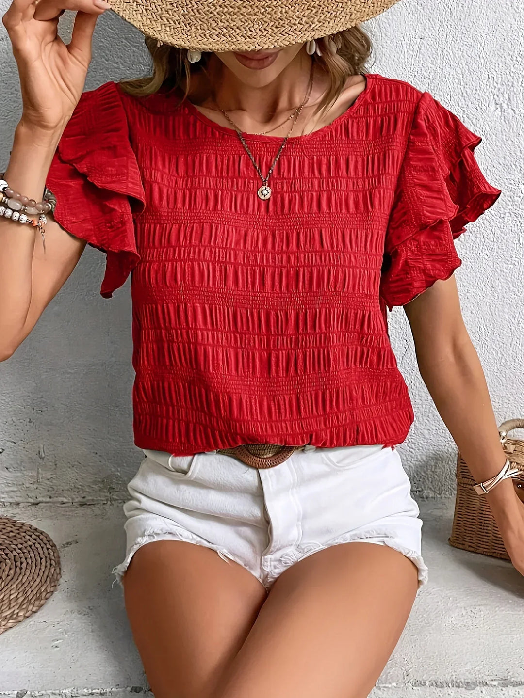 Annabel | Women's Blouse Textured Smocked Ruffle Sleeve Round Neck Summer Casual Top