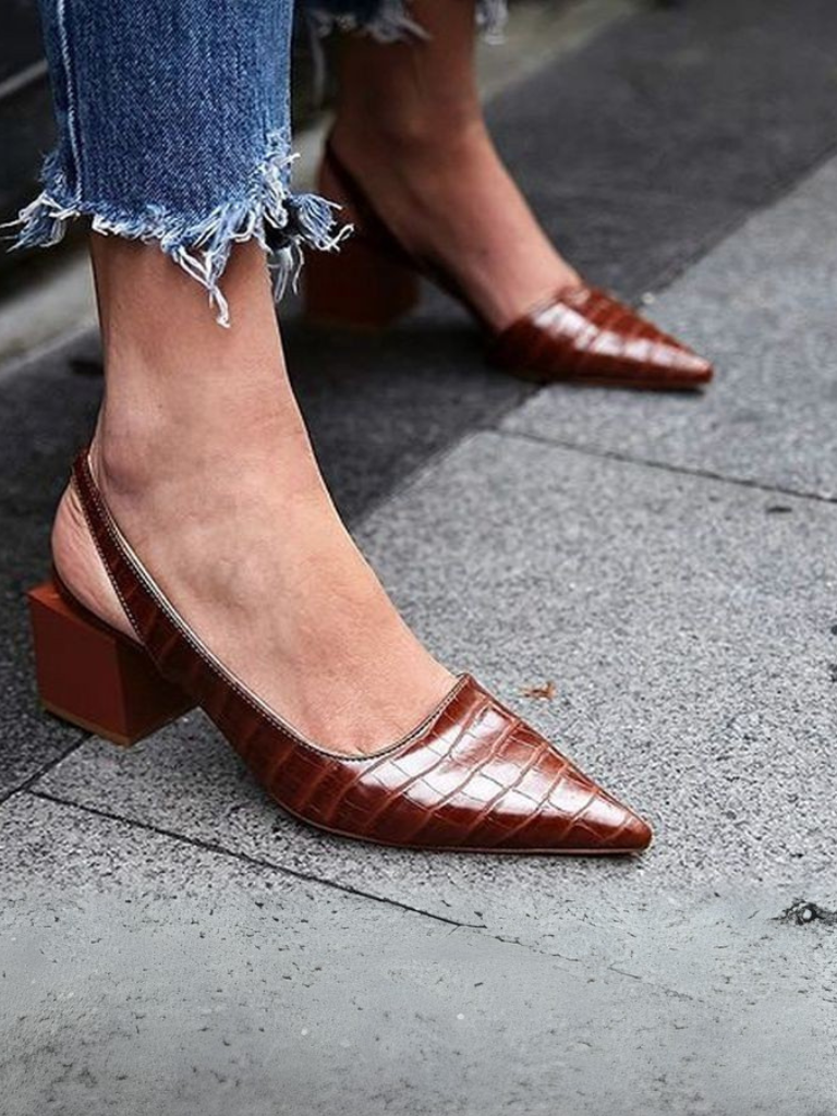 Croc-effect slingback block heels, front view