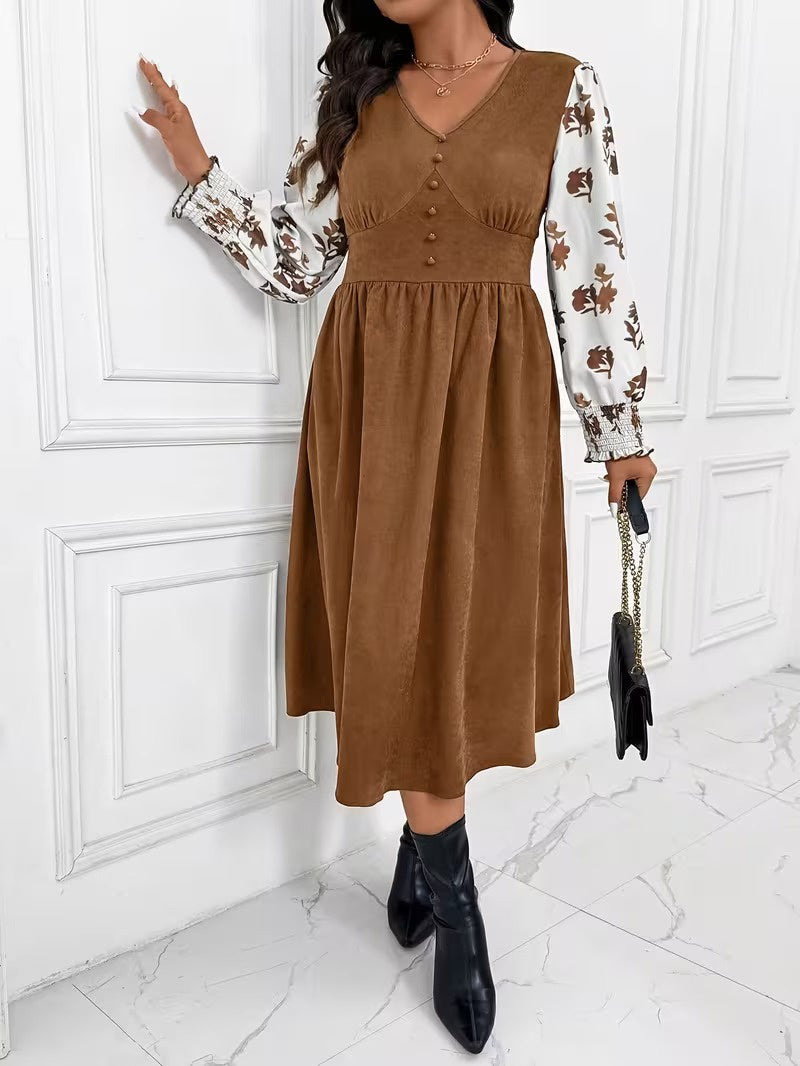 Women's Long-Sleeved Midi Dress with Print