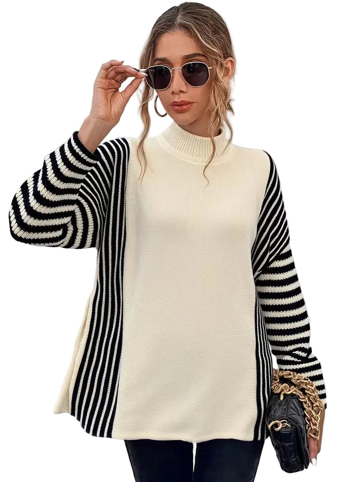 Women's Mock Neck Sweater with Stripes