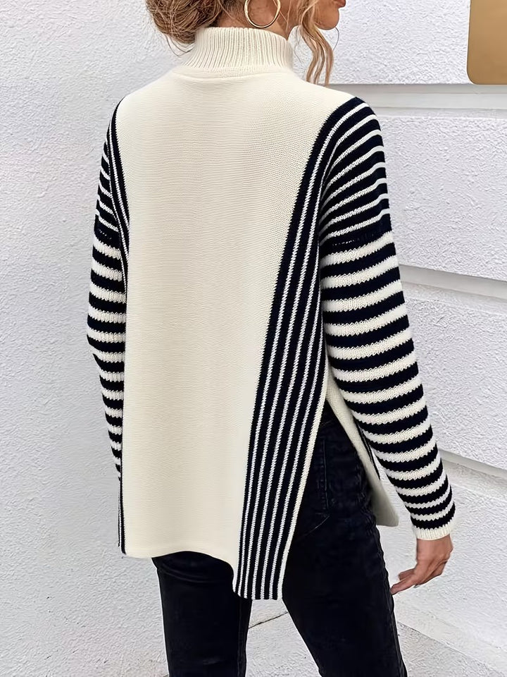 Women's Mock Neck Sweater with Stripes