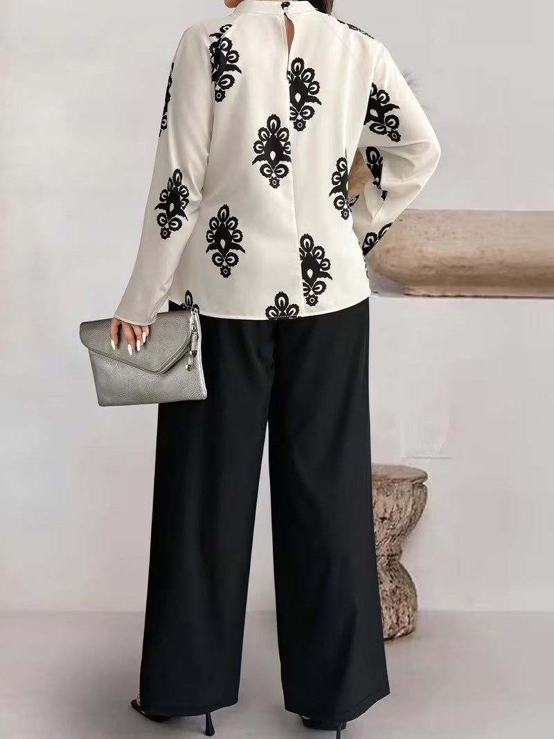 Women's Printed Top and Wide-Leg Trousers Set