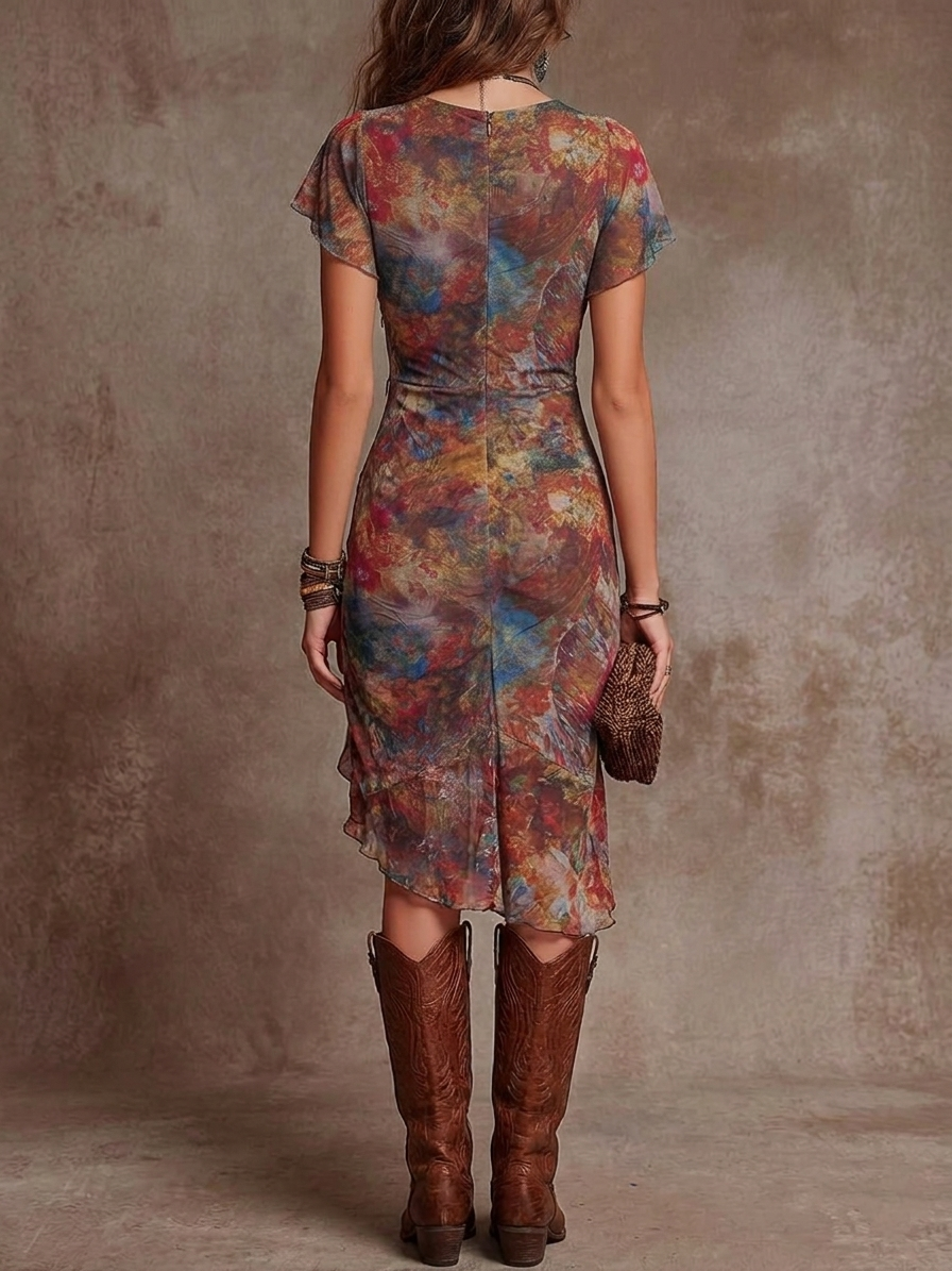 Katia | Abstract Pleated V-Neck Midi Dress