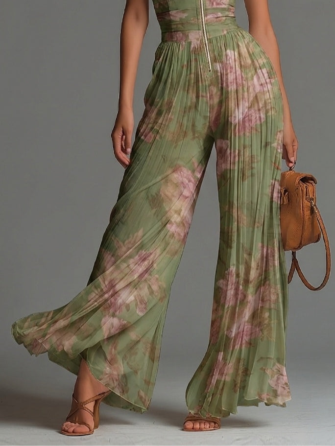 Verena | Floral Pleated V-Neck Jumpsuit