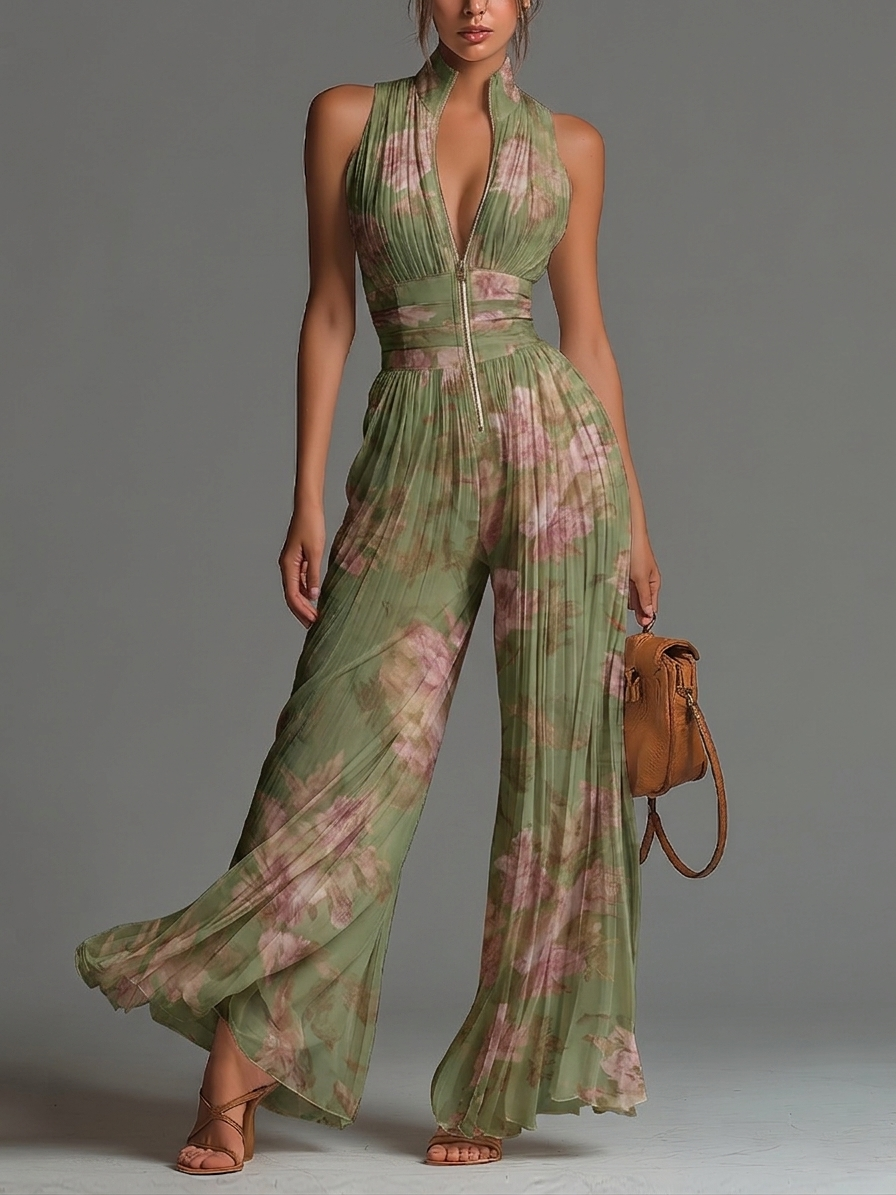 Verena | Floral Pleated V-Neck Jumpsuit