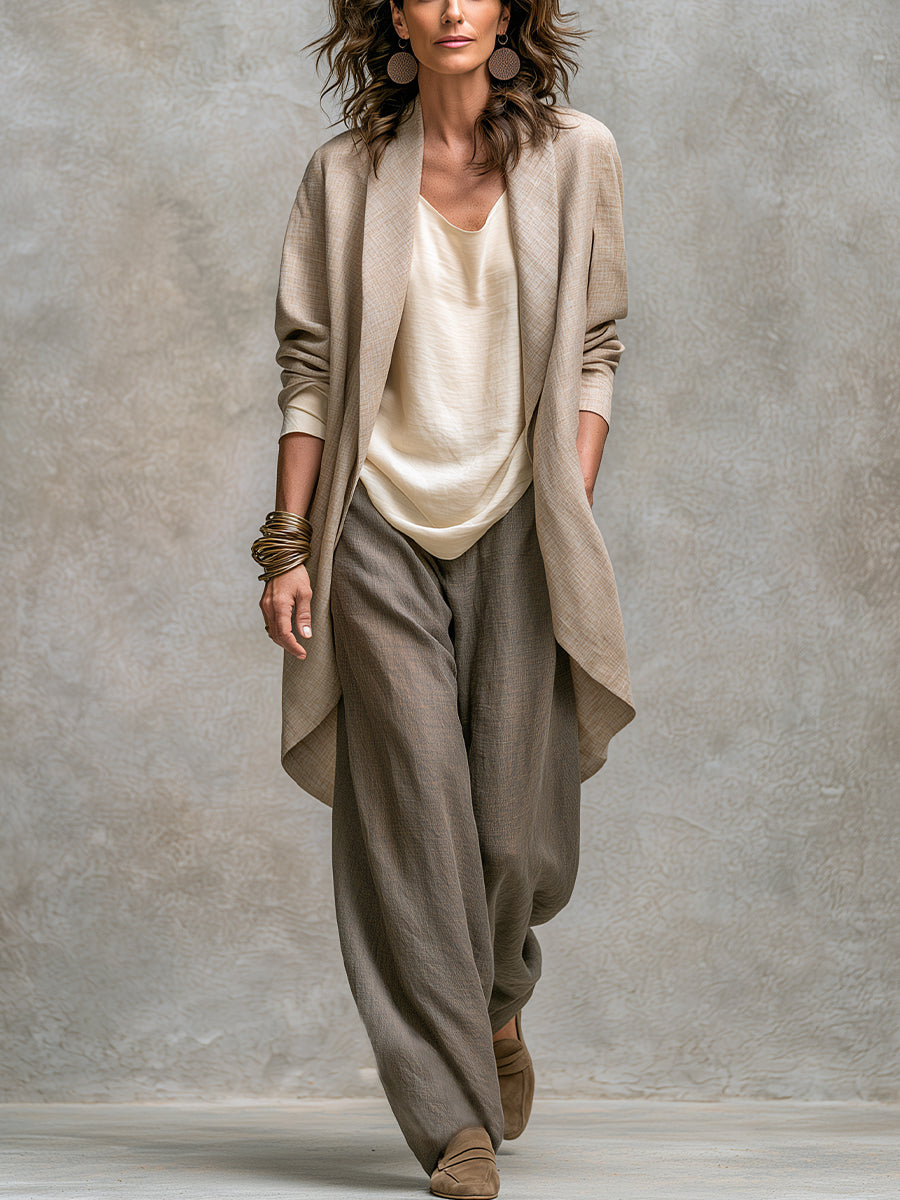 Woman wearing taupe three-piece wide leg pant set outdoors