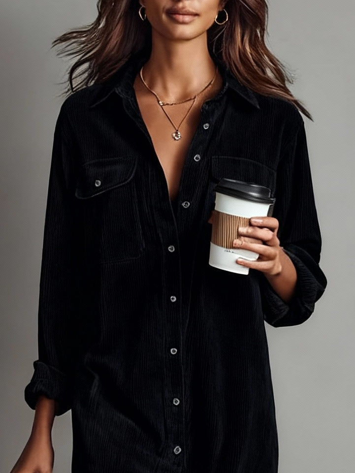 Woman wearing relaxed midi shirt dress with pockets