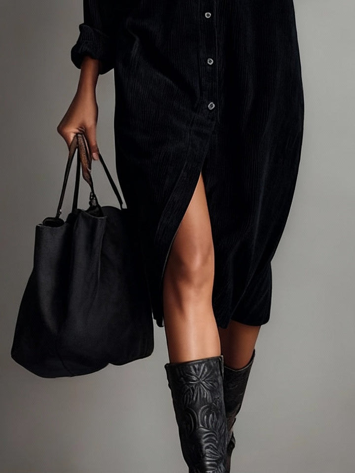 Woman wearing relaxed midi shirt dress with pockets