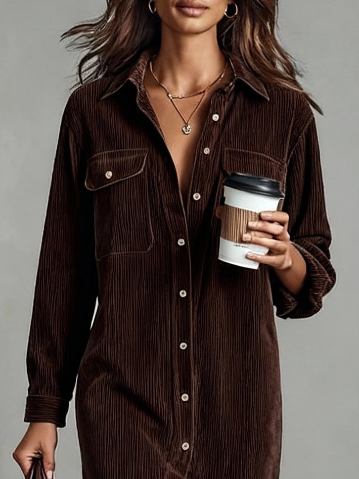 Woman wearing relaxed midi shirt dress with pockets