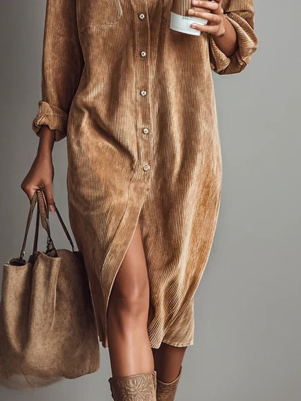 Woman wearing relaxed midi shirt dress with pockets