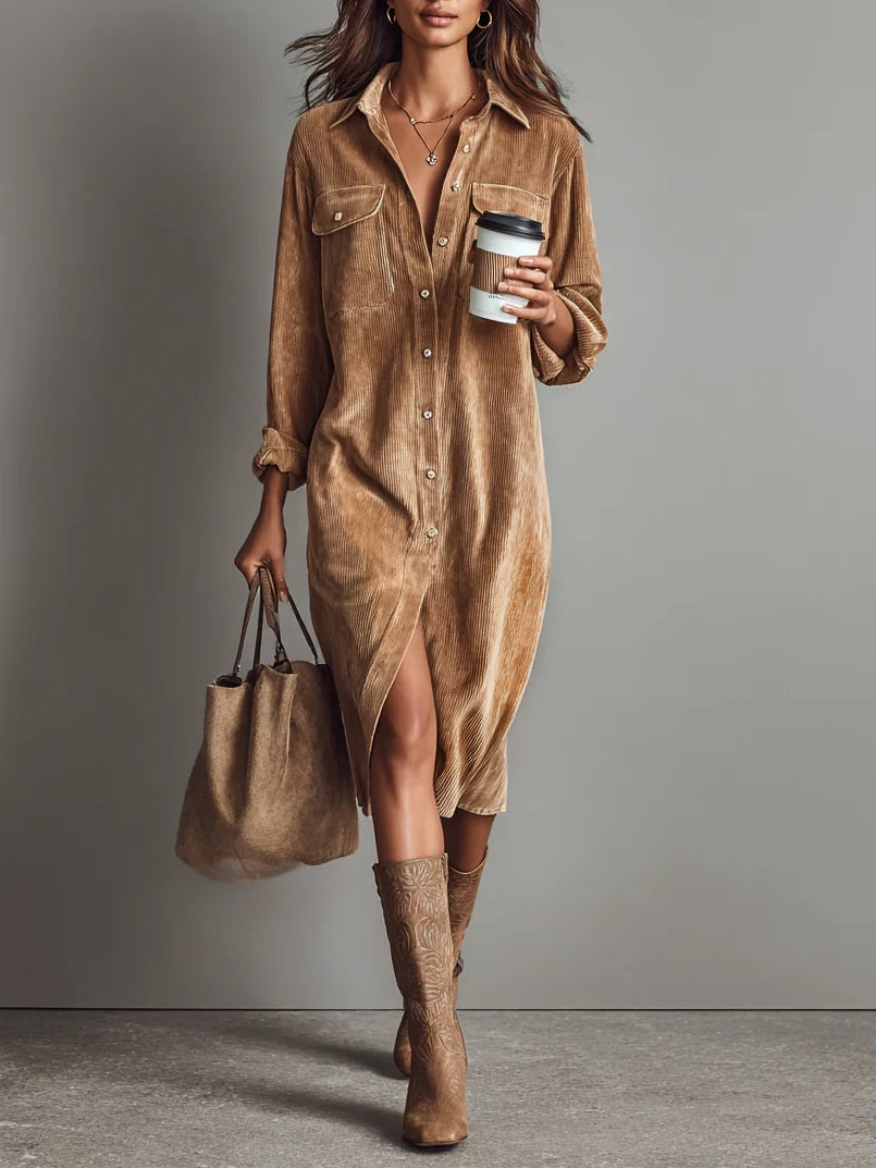 Woman wearing relaxed midi shirt dress with pockets