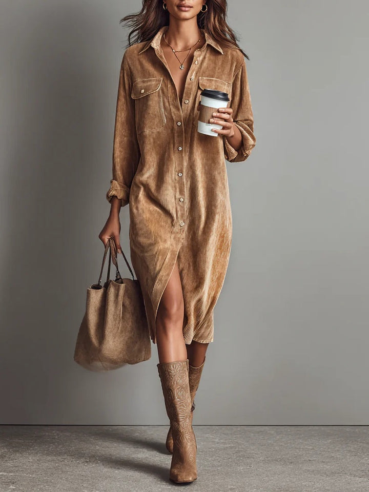 Woman wearing relaxed midi shirt dress with pockets