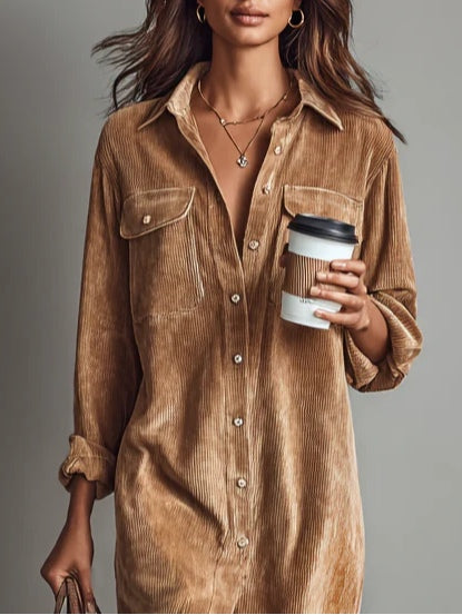 Woman wearing relaxed midi shirt dress with pockets