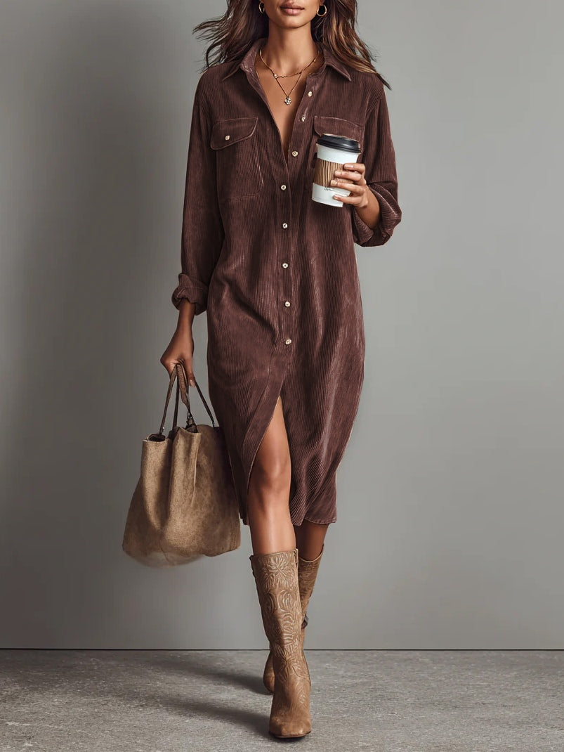 Woman wearing relaxed midi shirt dress with pockets