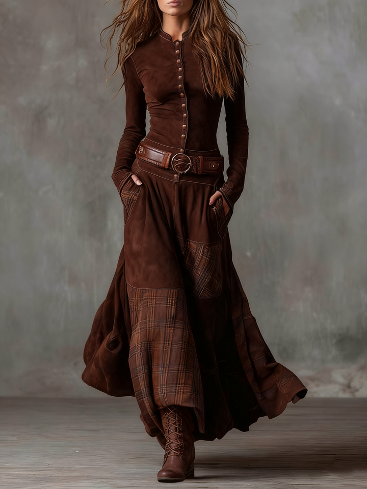 Woman wearing patchwork maxi dress with button front and belt