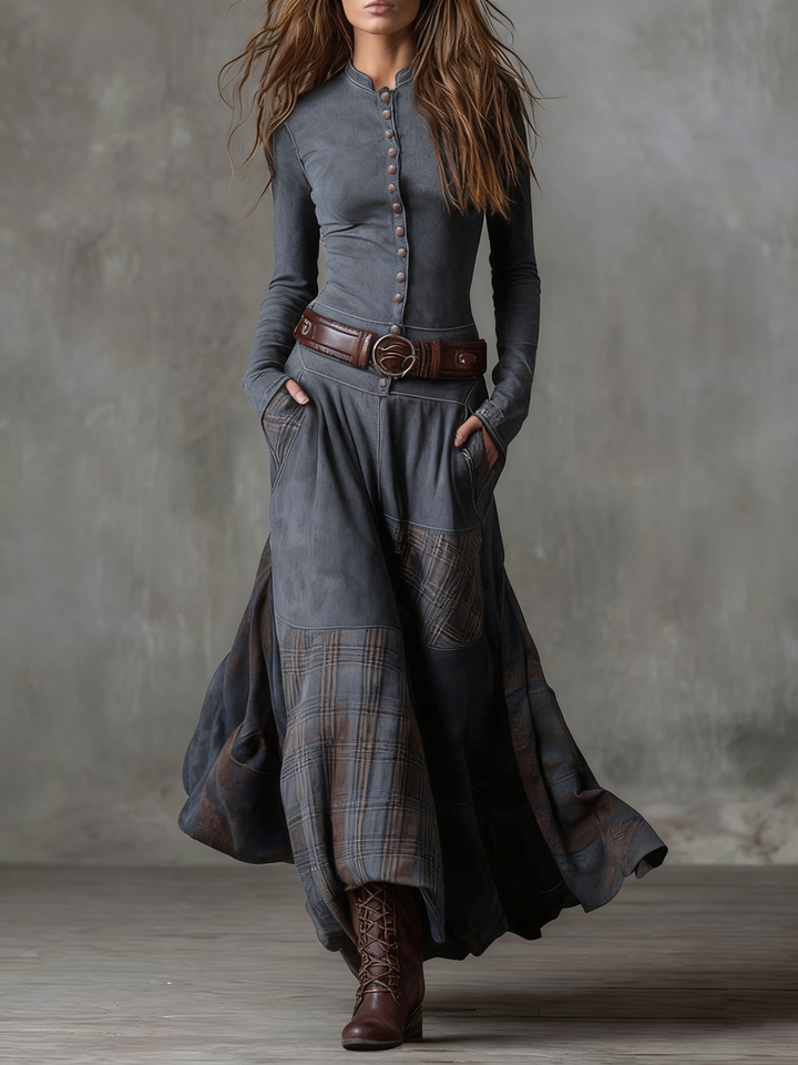 Woman wearing patchwork maxi dress with button front and belt